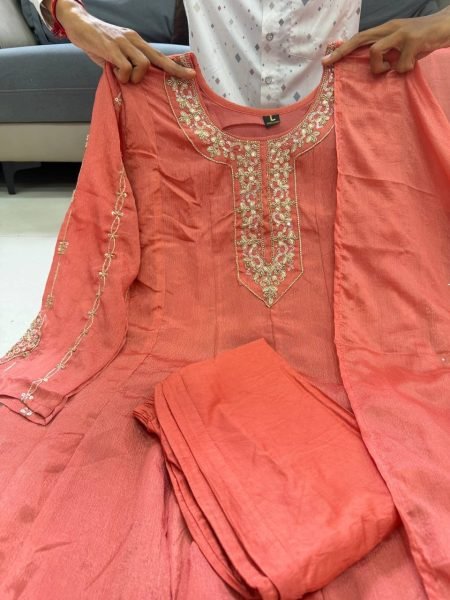 Radiant Dusty Pink Glass Tissue Anarkali Set With Hand Work On Sleeves And Neck For Weomen Anarkali Kurtis 