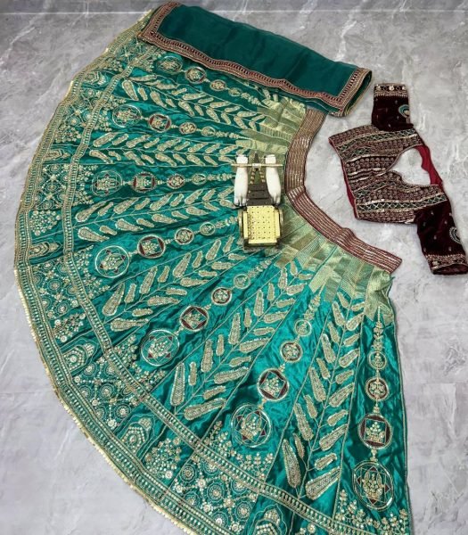 Radiant Green Japan Satin Silk Lehenga with Velvet Blouse for Bridal Wear Designer Lehenga Choli