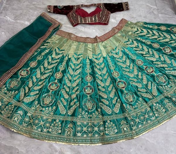 Radiant Green Japan Satin Silk Lehenga with Velvet Blouse for Bridal Wear Designer Lehenga Choli