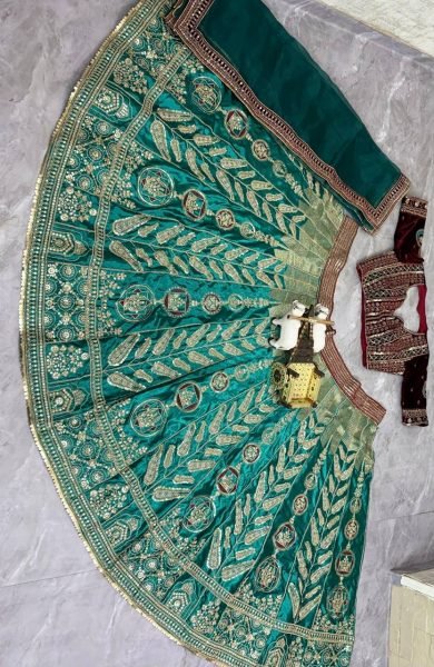 Radiant Green Japan Satin Silk Lehenga with Velvet Blouse for Bridal Wear Designer Lehenga Choli