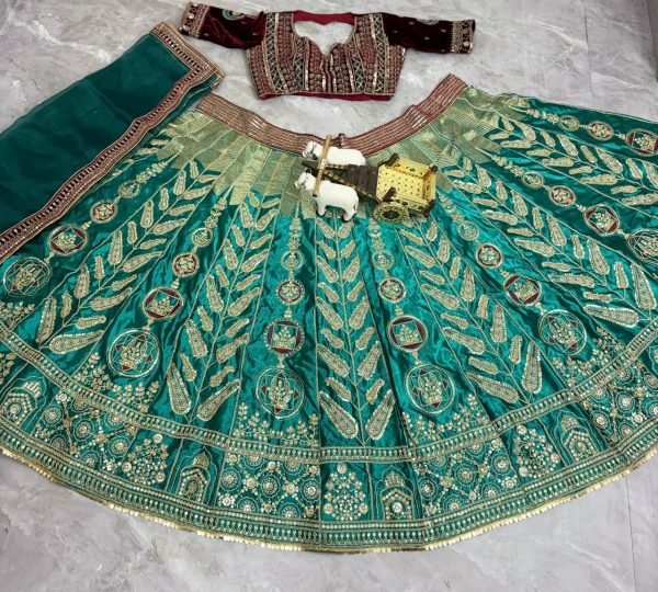 Radiant Green Japan Satin Silk Lehenga with Velvet Blouse for Bridal Wear Designer Lehenga Choli