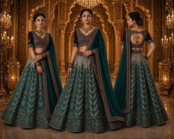 Radiant Green Japan Satin Silk Lehenga with Velvet Blouse for Bridal Wear Designer Lehenga Choli