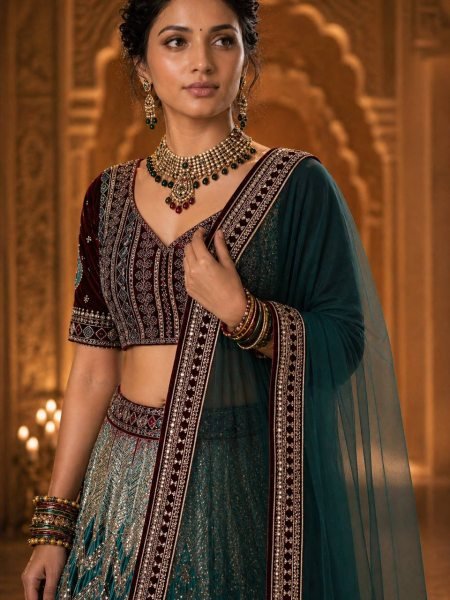 Radiant Green Japan Satin Silk Lehenga with Velvet Blouse for Bridal Wear Designer Lehenga Choli