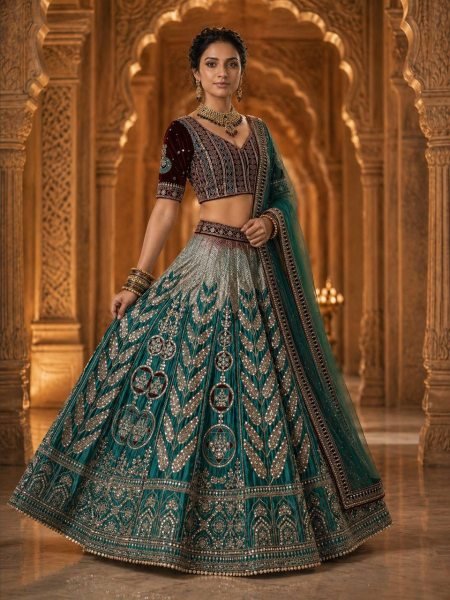 Radiant Green Japan Satin Silk Lehenga with Velvet Blouse for Bridal Wear Designer Lehenga Choli