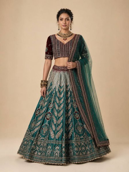 Radiant Green Japan Satin Silk Lehenga with Velvet Blouse for Bridal Wear Designer Lehenga Choli
