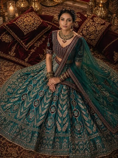 Radiant Green Japan Satin Silk Lehenga with Velvet Blouse for Bridal Wear Designer Lehenga Choli