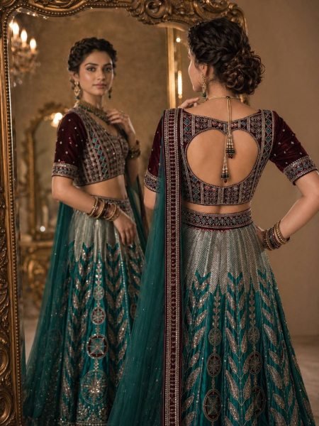 Radiant Green Japan Satin Silk Lehenga with Velvet Blouse for Bridal Wear Designer Lehenga Choli