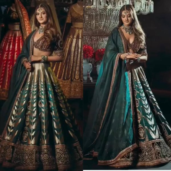 Radiant Green Japan Satin Silk Lehenga with Velvet Blouse for Bridal Wear Designer Lehenga Choli