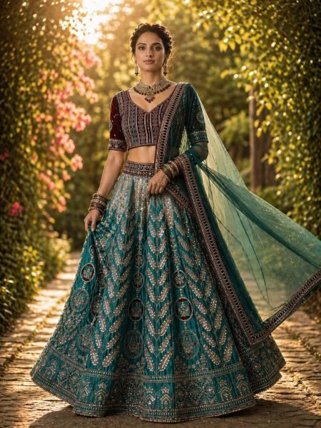 Radiant Green Japan Satin Silk Lehenga with Velvet Blouse for Bridal Wear Designer Lehenga Choli