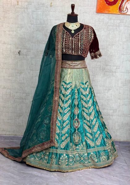 Radiant Green Japan Satin Silk Lehenga with Velvet Blouse for Bridal Wear Designer Lehenga Choli