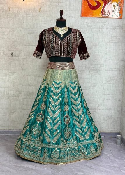 Radiant Green Japan Satin Silk Lehenga with Velvet Blouse for Bridal Wear Designer Lehenga Choli