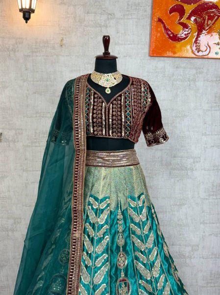 Radiant Green Japan Satin Silk Lehenga with Velvet Blouse for Bridal Wear Designer Lehenga Choli