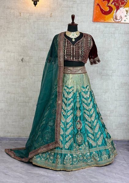 Radiant Green Japan Satin Silk Lehenga with Velvet Blouse for Bridal Wear Designer Lehenga Choli