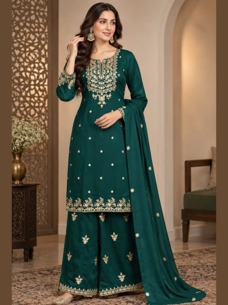 Radiant Green Party Wear Blooming Chinon Suit with Embroidery Sequence Work 