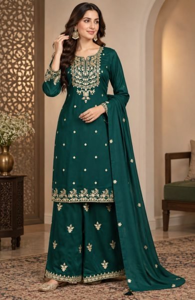 Radiant Green Party Wear Blooming Chinon Suit with Embroidery Sequence Work Designer Plazzo Salwar Suits Wholesale