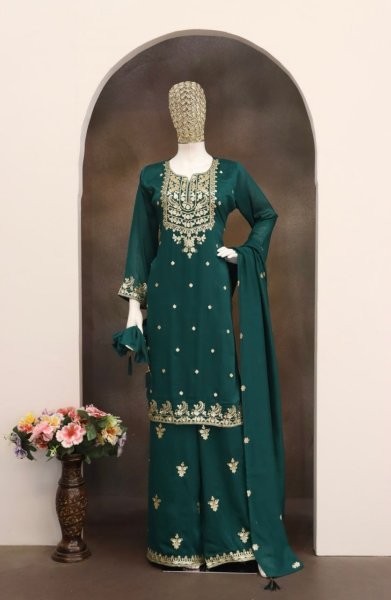 Radiant Green Party Wear Blooming Chinon Suit with Embroidery Sequence Work Designer Plazzo Salwar Suits Wholesale