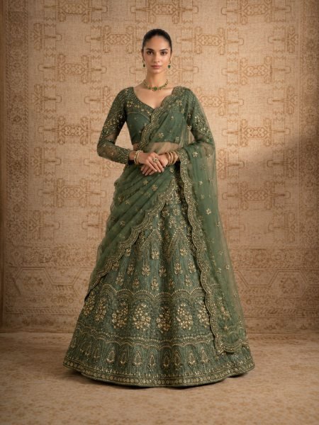 Radiant Green Unstitched Lehenga Choli with Premium Net Dupatta for Reception Wear  Lehenga