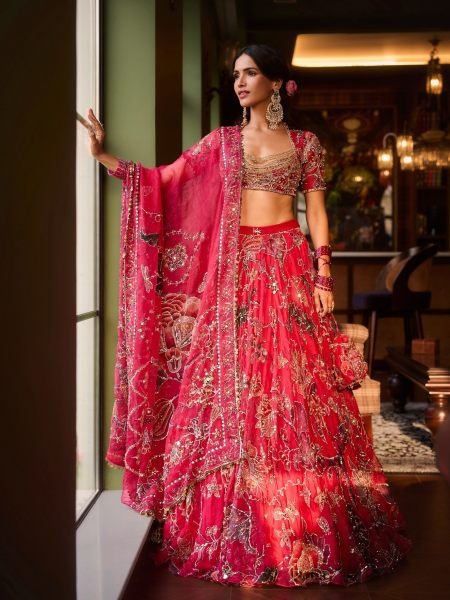 Radiant Hot Pink Designer Taby Silk Lehenga with Hand Mirror and Sequin Embroidery  Lehenga