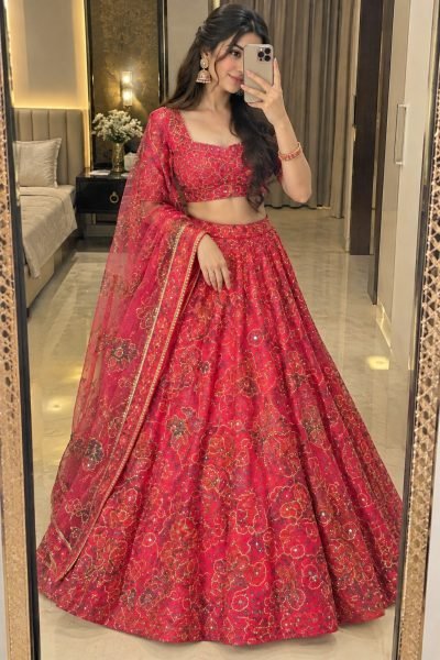 Radiant Hot Pink Designer Taby Silk Lehenga with Hand Mirror and Sequin Embroidery Designer Lehenga Choli