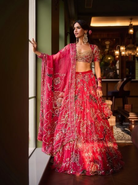 Radiant Hot Pink Designer Taby Silk Lehenga with Hand Mirror and Sequin Embroidery Designer Lehenga Choli