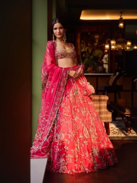 Radiant Hot Pink Designer Taby Silk Lehenga with Hand Mirror and Sequin Embroidery Designer Lehenga Choli