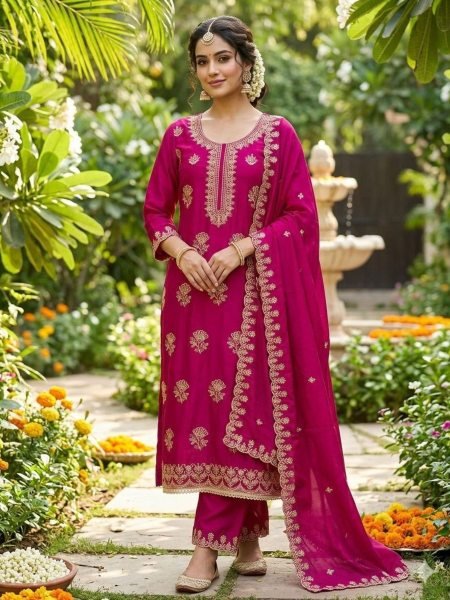 Radiant Hot Pink Vichitra Silk Embroidered Dress Material with Dupatta and Santoon Bottom Dress Material 
