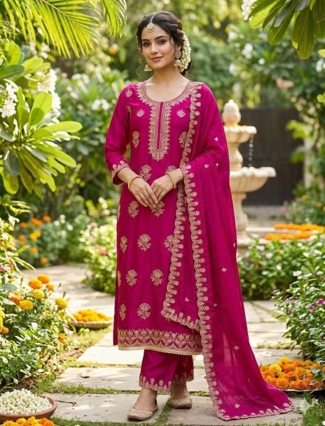 Radiant Hot Pink Vichitra Silk Embroidered Dress Material with Dupatta and Santoon Bottom Color Set Matching Dress Material Wholesale