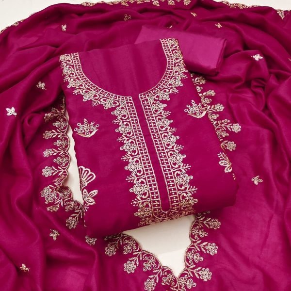 Radiant Hot Pink Vichitra Silk Embroidered Dress Material with Dupatta and Santoon Bottom Color Set Matching Dress Material Wholesale