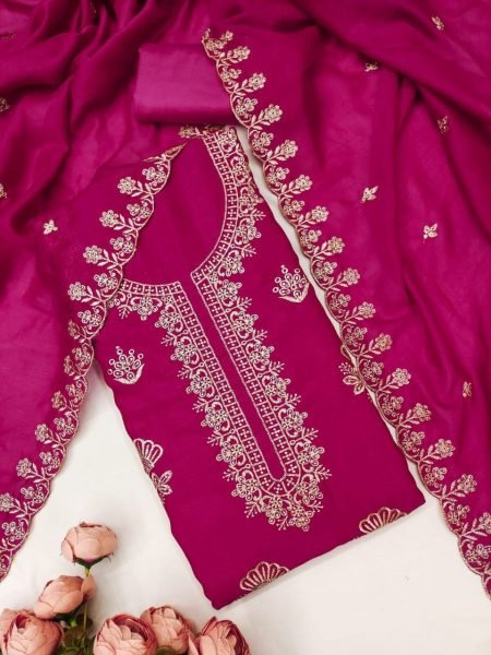 Radiant Hot Pink Vichitra Silk Embroidered Dress Material with Dupatta and Santoon Bottom Color Set Matching Dress Material Wholesale