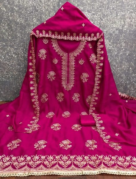 Radiant Hot Pink Vichitra Silk Embroidered Dress Material with Dupatta and Santoon Bottom Color Set Matching Dress Material Wholesale