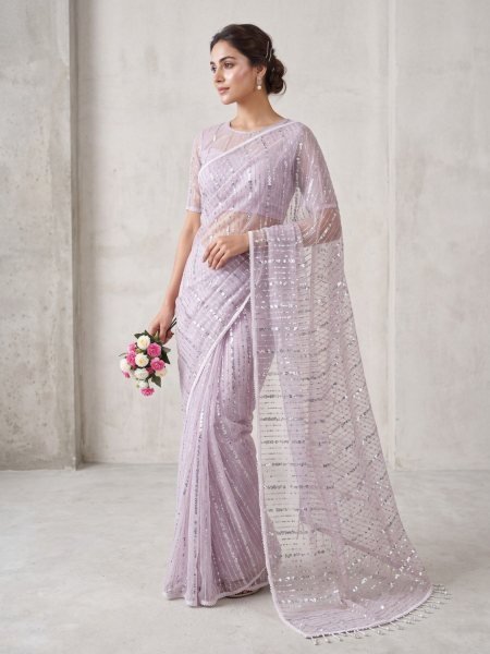Radiant Lavender Pure Soft Net Saree with Fancy Moti Lace Border and Designer Blouse Sarees 