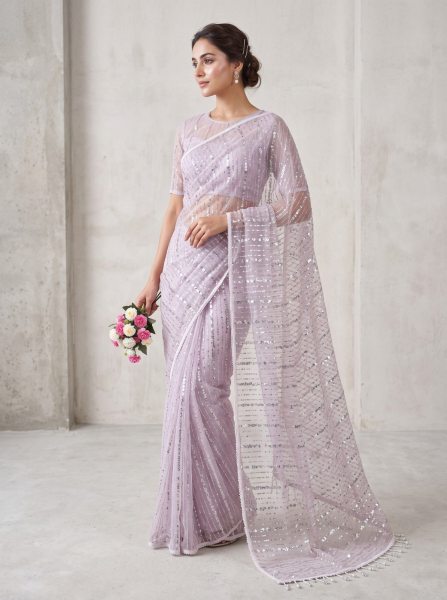 Radiant Lavender Pure Soft Net Saree with Fancy Moti Lace Border and Designer Blouse Bollywood Fancy Sarees Wholesale