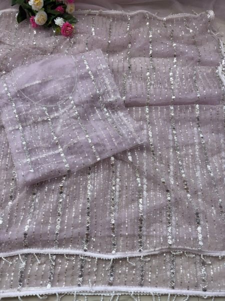 Radiant Lavender Pure Soft Net Saree with Fancy Moti Lace Border and Designer Blouse Bollywood Fancy Sarees Wholesale