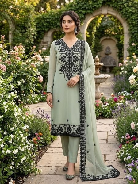 Radiant Light Green Festive Wear Georgette Suit Set with Multi Aari Embroidery 