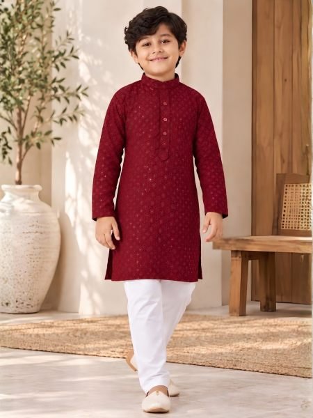 Radiant Maroon Premium Rayon Chikankari Kurta Pjama Set for Kids at Manufacturer  Mens Wear