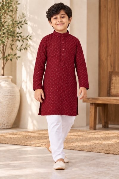 Radiant Maroon Premium Rayon Chikankari Kurta Pjama Set for Kids at Manufacturer  Boys Wear