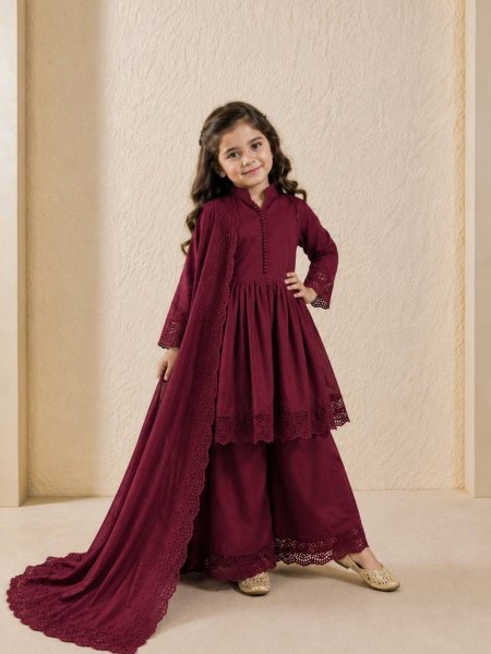 Radiant Maroon Heavy Roman Silk Girls Gown Set with Embroidered Bottom and Dupatta Kurtis