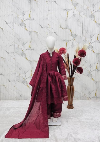 Radiant Maroon Heavy Roman Silk Girls Gown Set with Embroidered Bottom and Dupatta Girls Wear