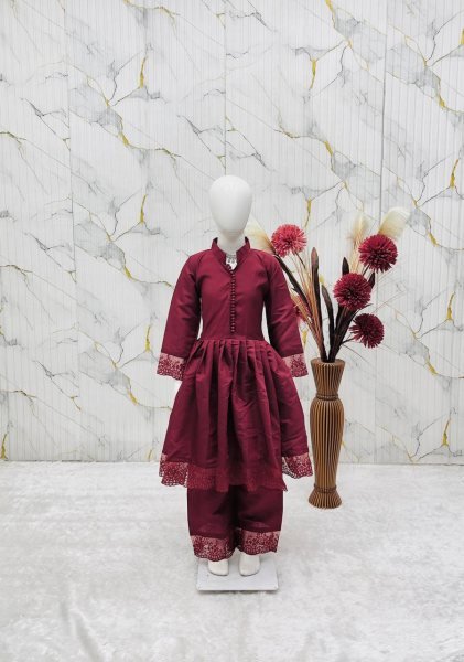 Radiant Maroon Heavy Roman Silk Girls Gown Set with Embroidered Bottom and Dupatta Girls Wear