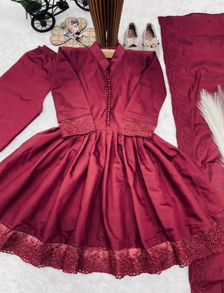 Radiant Maroon Heavy Roman Silk Girls Gown Set with Embroidered Bottom and Dupatta Girls Wear