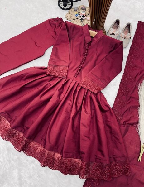 Radiant Maroon Heavy Roman Silk Girls Gown Set with Embroidered Bottom and Dupatta Girls Wear