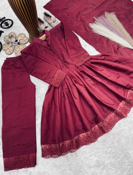 Radiant Maroon Heavy Roman Silk Girls Gown Set with Embroidered Bottom and Dupatta Girls Wear