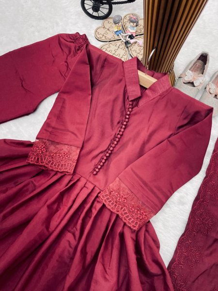 Radiant Maroon Heavy Roman Silk Girls Gown Set with Embroidered Bottom and Dupatta Girls Wear