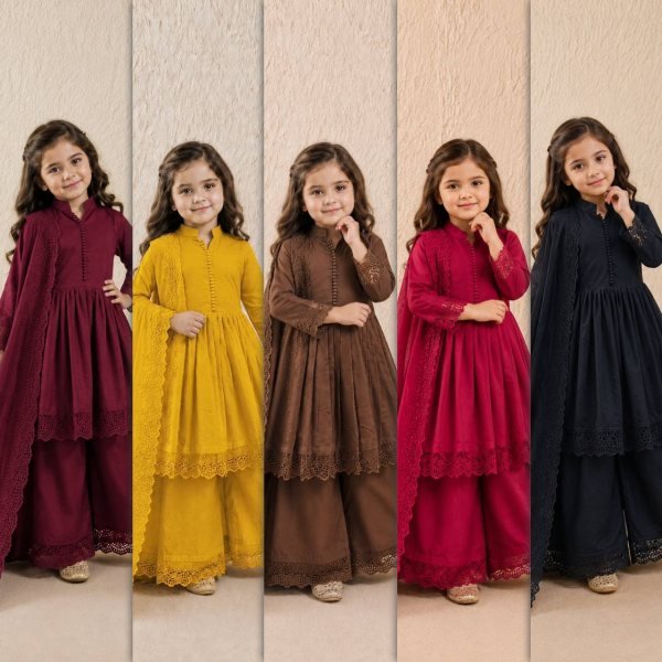 Radiant Maroon Heavy Roman Silk Girls Gown Set with Embroidered Bottom and Dupatta Girls Wear