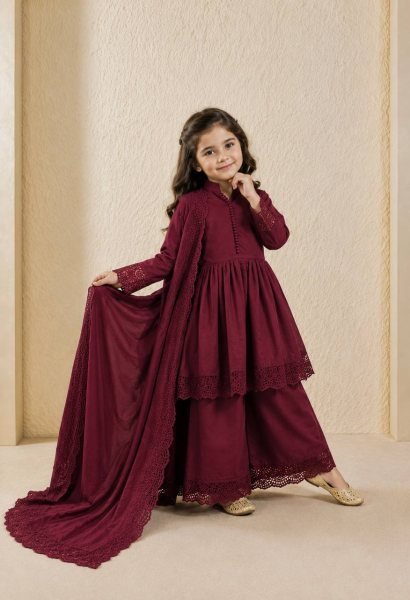 Radiant Maroon Heavy Roman Silk Girls Gown Set with Embroidered Bottom and Dupatta Girls Wear
