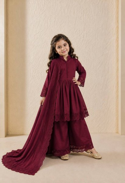 Radiant Maroon Heavy Roman Silk Girls Gown Set with Embroidered Bottom and Dupatta Girls Wear