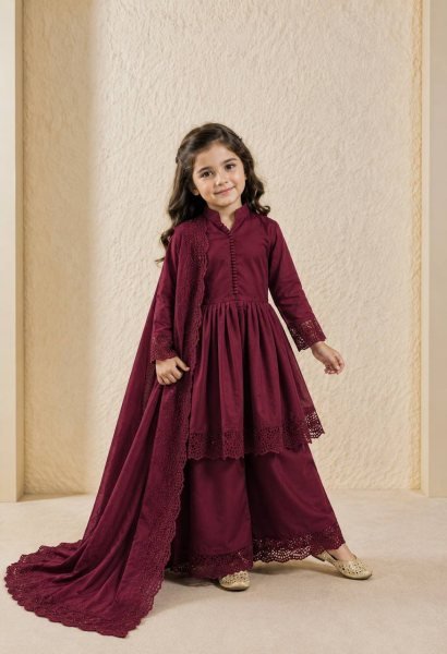 Radiant Maroon Heavy Roman Silk Girls Gown Set with Embroidered Bottom and Dupatta Girls Wear