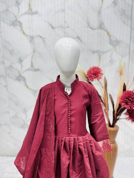 Radiant Maroon Heavy Roman Silk Girls Gown Set with Embroidered Bottom and Dupatta Girls Wear