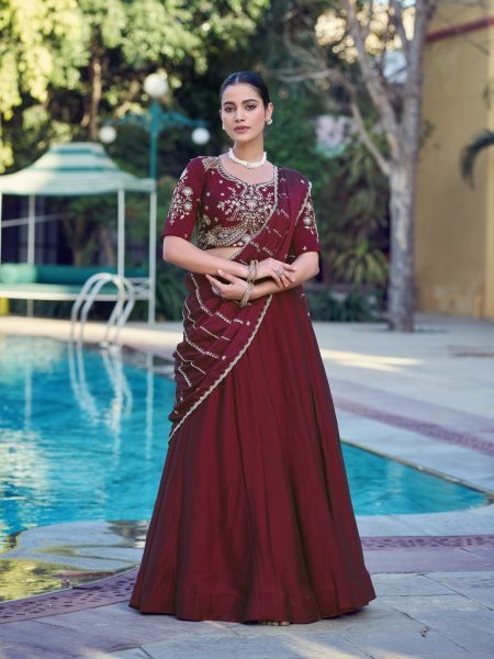 Radiant Maroon Rangoli Crush Lehenga Choli with Sequins Belt and Dupatta At Wholesale   Lehenga
