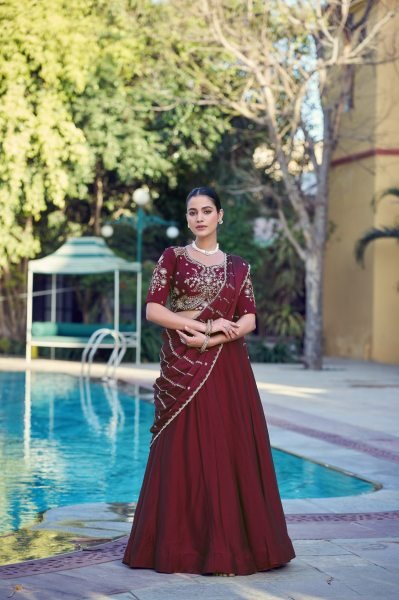 Radiant Maroon Rangoli Crush Lehenga Choli with Sequins Belt and Dupatta At Wholesale  Designer Lehenga Choli